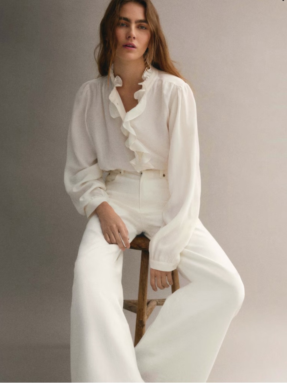Women's White Ruffle collar V-Neck Blouse